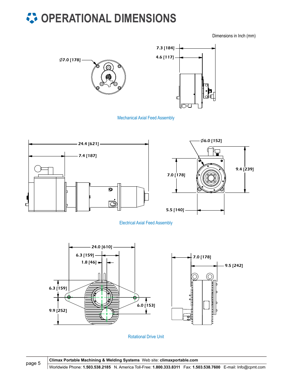 Operational dimensions, Mechanical axial feed assembly | Climax BB7100 LINE BORING MACHINE User Manual | Page 5 / 8