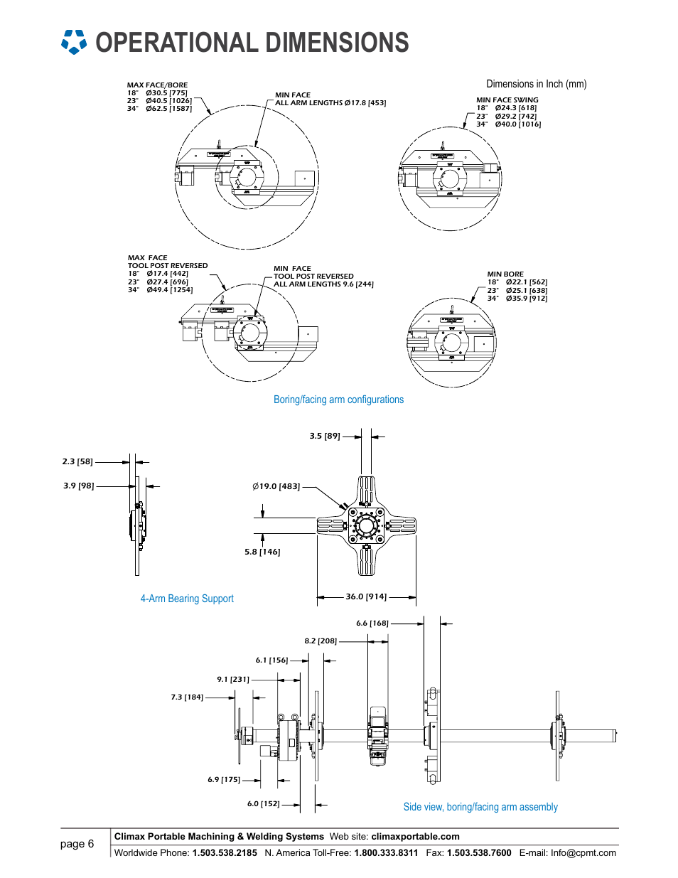 Operational dimensions, Spider assy end brg support 5" bar dia | Climax BB7100 LINE BORING MACHINE User Manual | Page 6 / 8