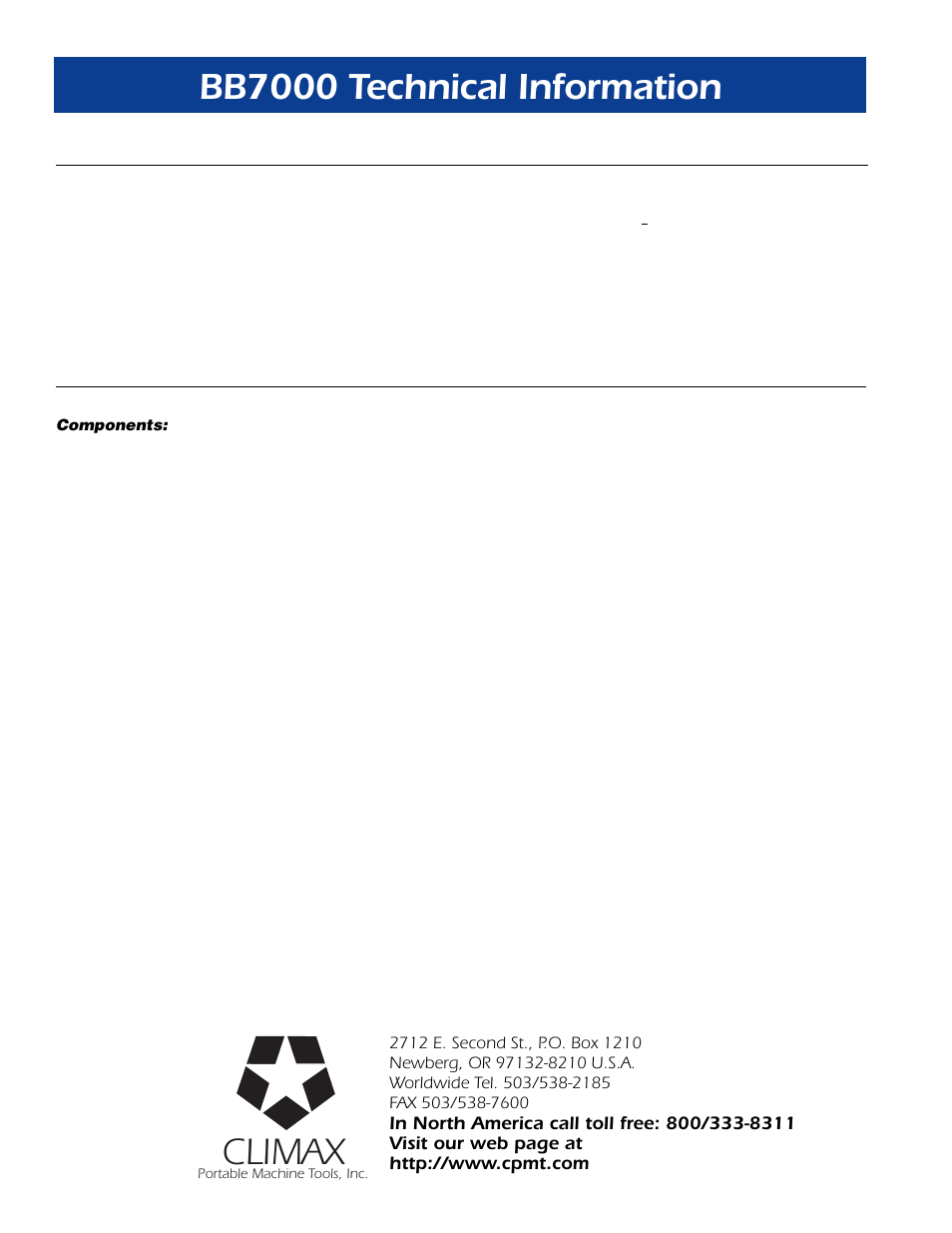 Climax, Bb7000 technical information | Climax BB7000 PORTABLE LINE BORING MACHINE User Manual | Page 12 / 12