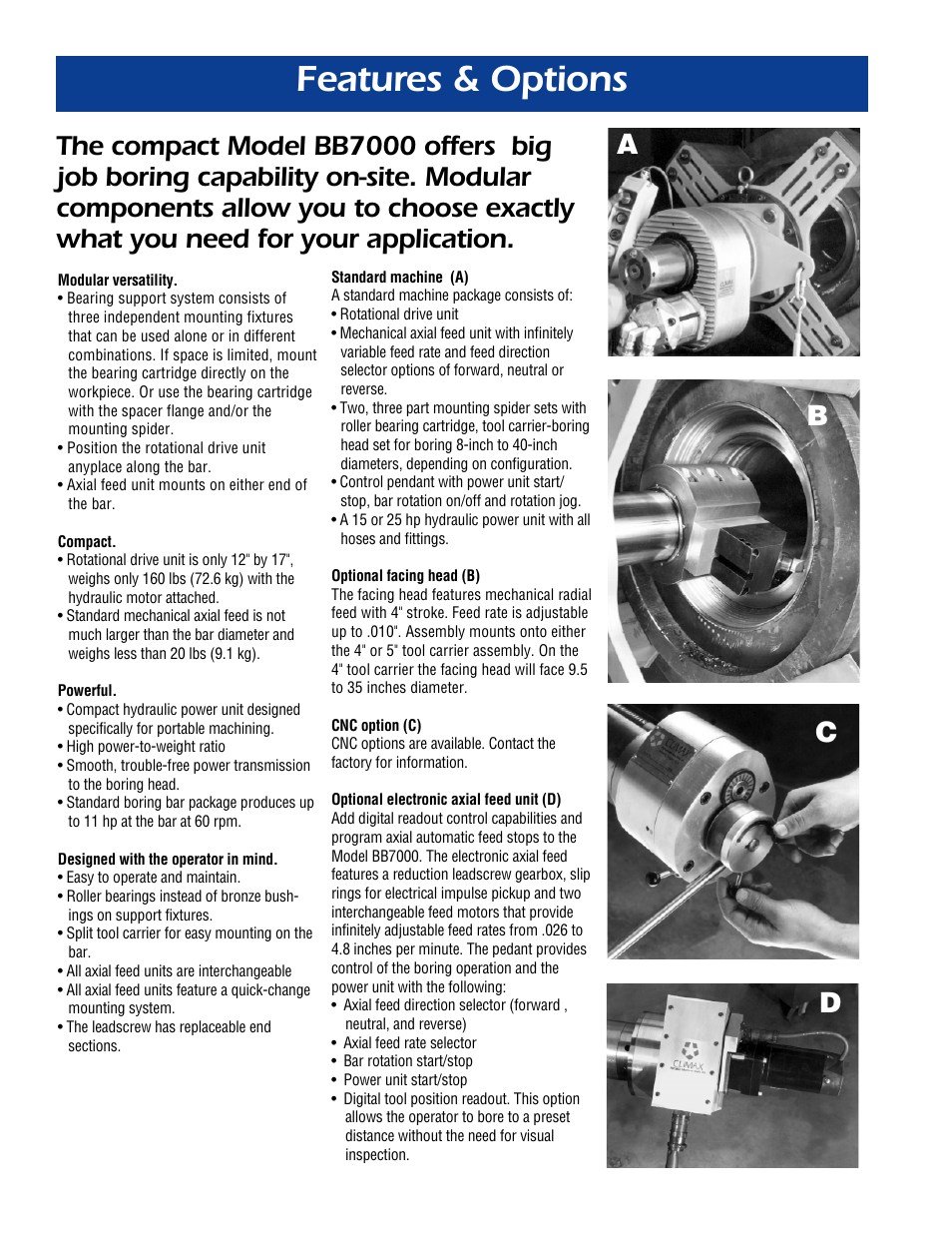 Features & options, Ab c d | Climax BB7000 PORTABLE LINE BORING MACHINE User Manual | Page 2 / 12