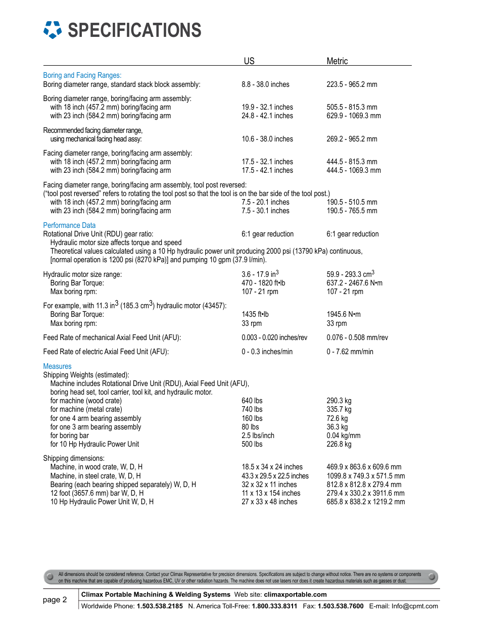 Specifications | Climax BB6100 LINE BORING MACHINE User Manual | Page 2 / 8