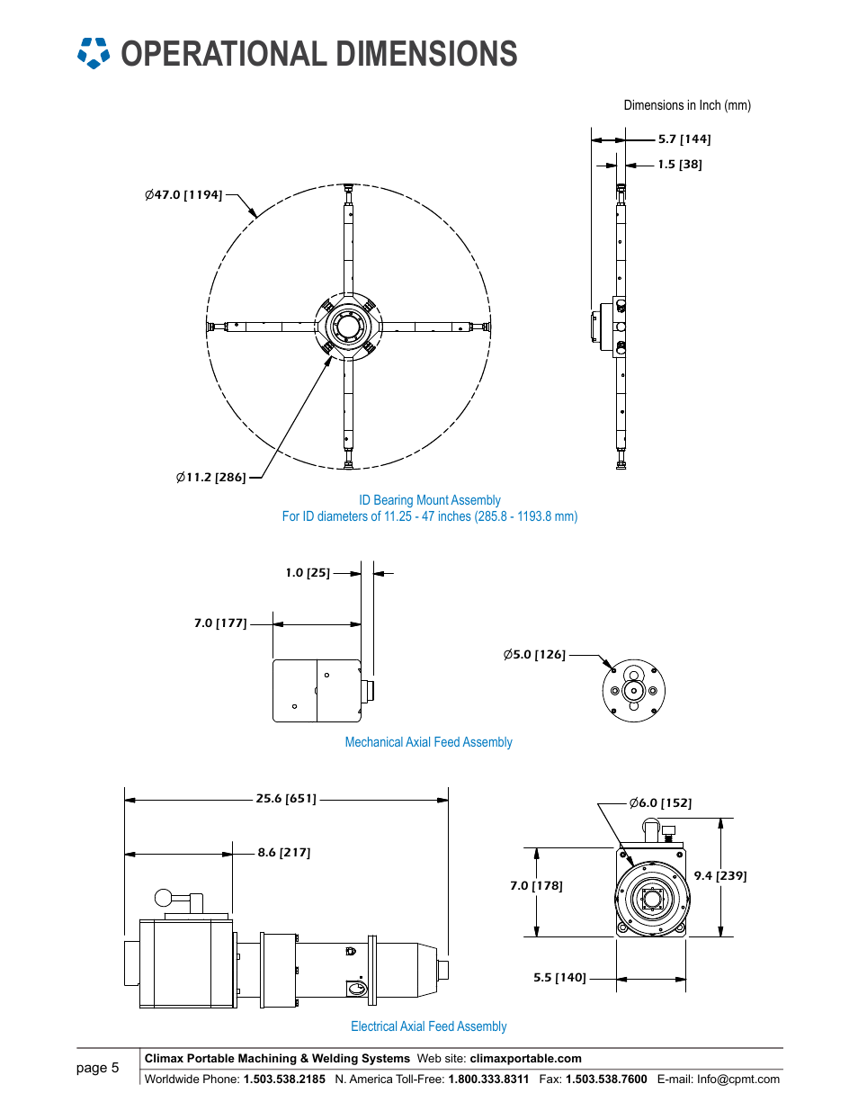 Operational dimensions | Climax BB6100 LINE BORING MACHINE User Manual | Page 5 / 8