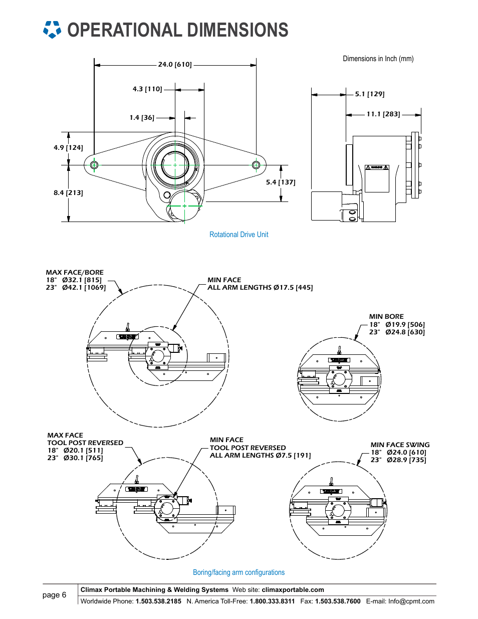 Operational dimensions, Bb6100 rdu and hydraulic motor | Climax BB6100 LINE BORING MACHINE User Manual | Page 6 / 8