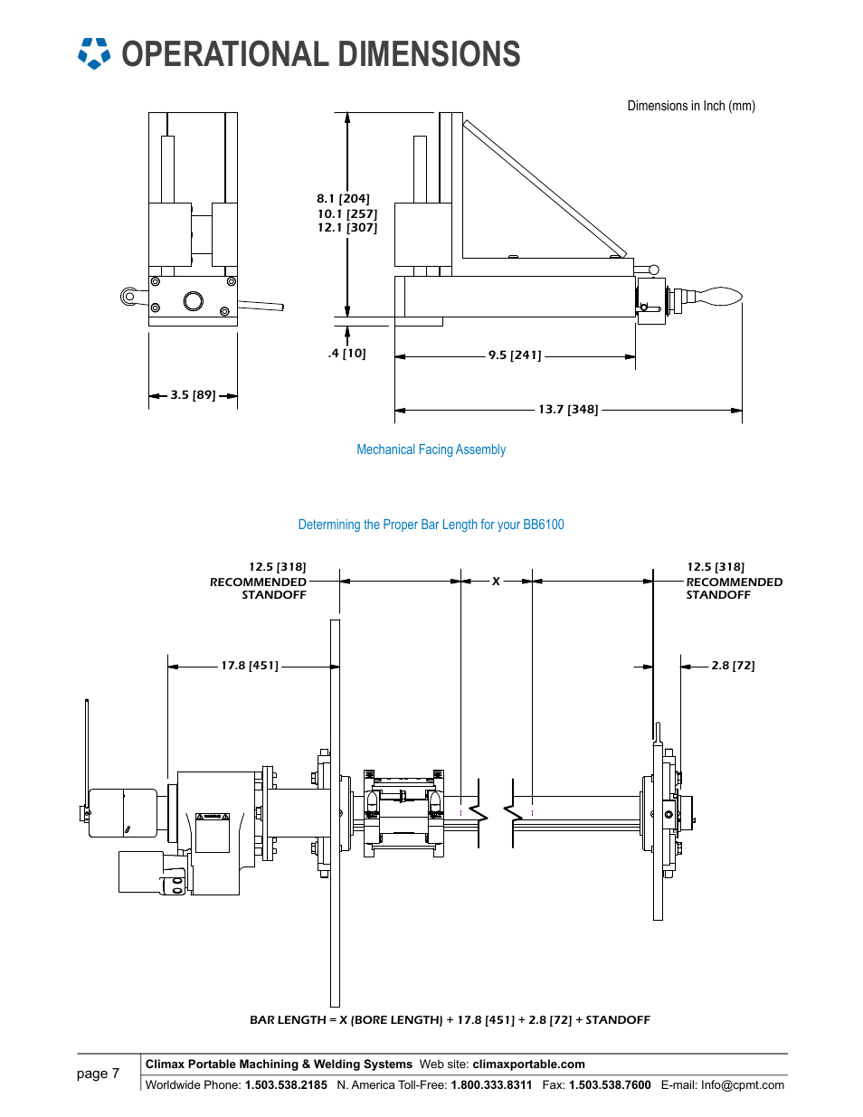 Operational dimensions, Head facing assy mechanical feed bb6000 | Climax BB6100 LINE BORING MACHINE User Manual | Page 7 / 8