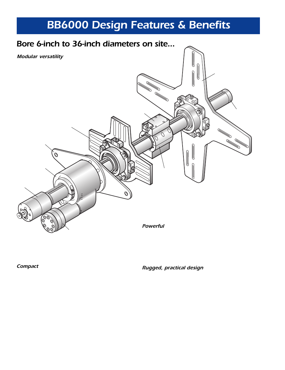 Bb6000 design features & benefits, Bore 6-inch to 36-inch diameters on site | Climax BB6000 PORTABLE LINE BORING MACHINE User Manual | Page 2 / 16