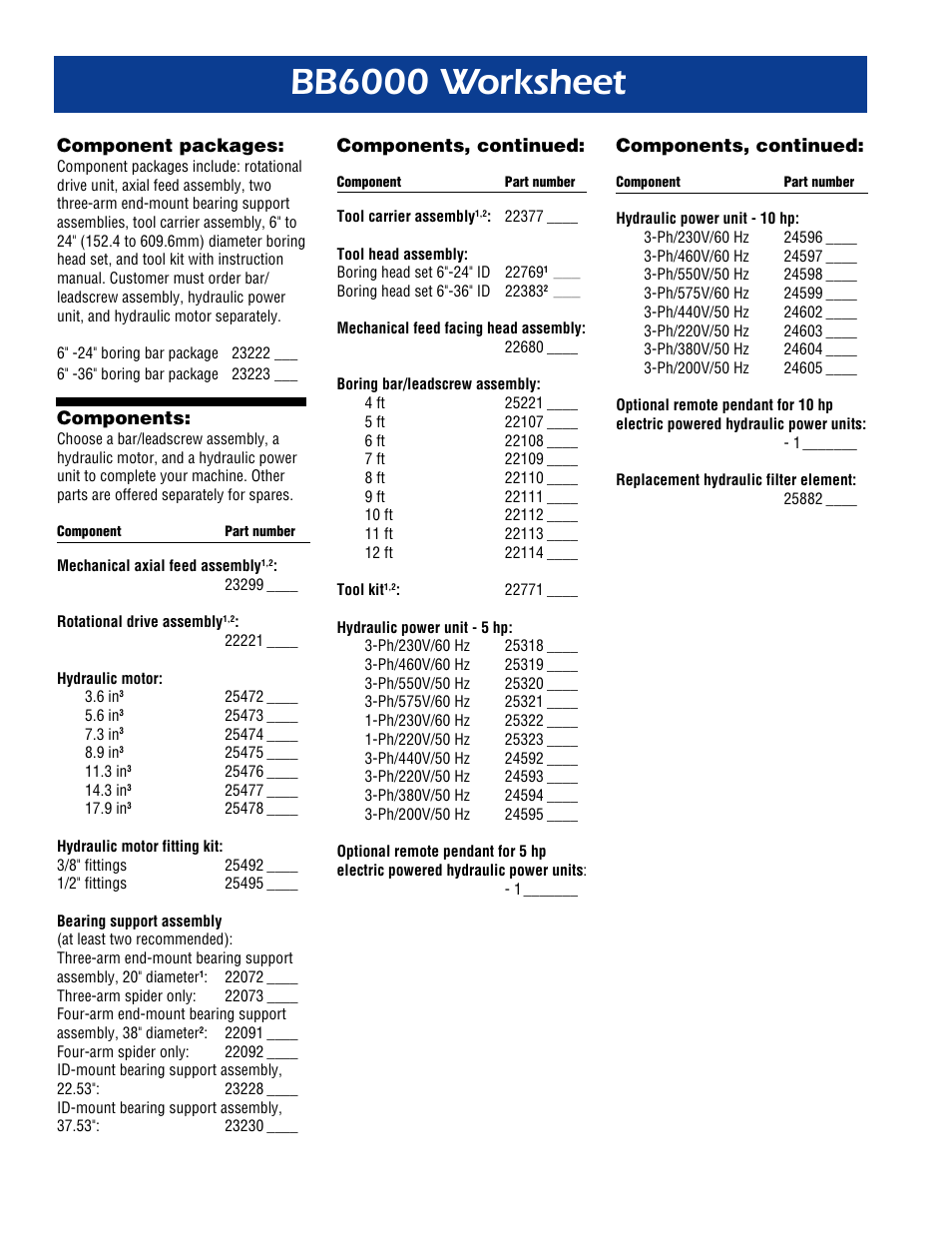 Bb6000 worksheet, Component packages, Components | Components, continued | Climax BB6000 PORTABLE LINE BORING MACHINE User Manual | Page 6 / 16