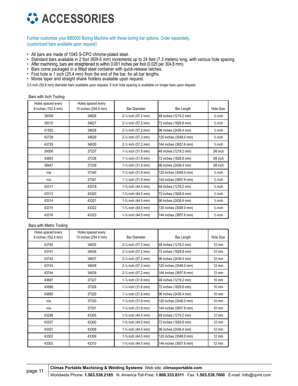 Accessories | Climax BB5000 LINE BORING MACHINE User Manual | Page 11 / 14