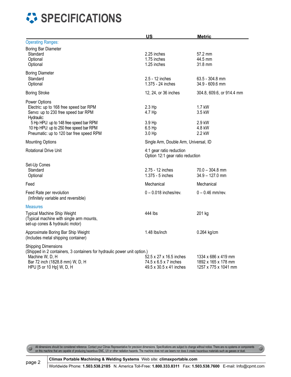 Specifications | Climax BB5000 LINE BORING MACHINE User Manual | Page 2 / 14
