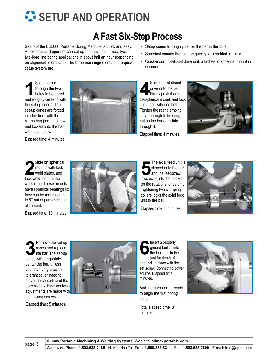 Setup and operation, A fast six-step process | Climax BB5000 LINE BORING MACHINE User Manual | Page 3 / 14