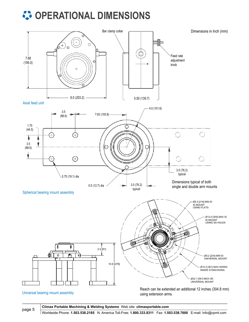 Operational dimensions, Page 5, Spherical bearing mount assembly | Climax BB5000 LINE BORING MACHINE User Manual | Page 5 / 14