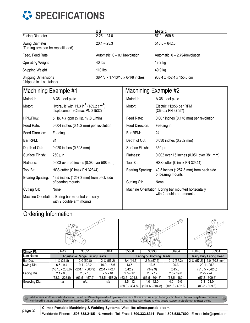 Specifications, Ordering information, Machining example #1 machining example #2 | Climax BB5000 24 inch Facing Head Accessory User Manual | Page 2 / 6