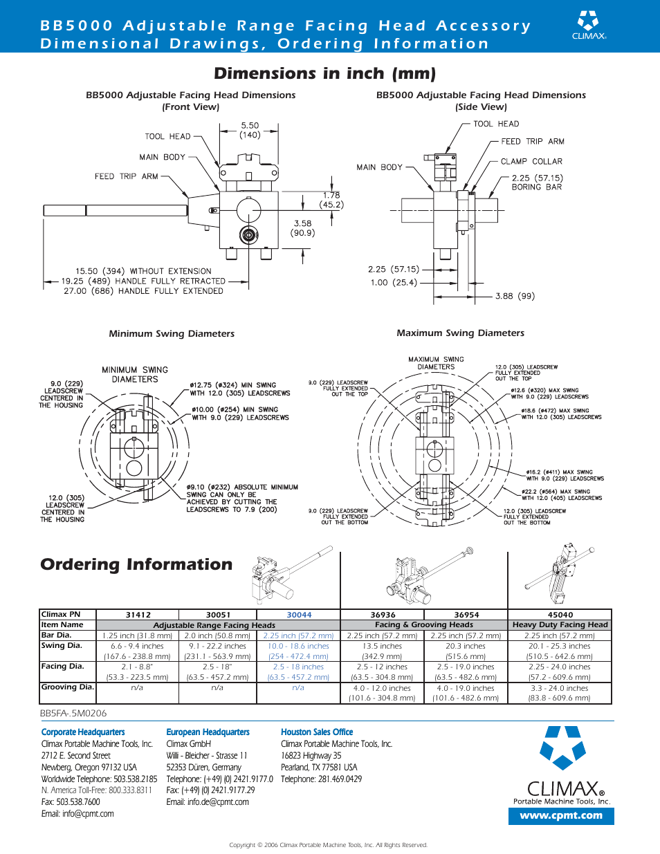 Dimensions in inch (mm), Ordering information | Climax BB5000 Adjustable Range Facing Head User Manual | Page 2 / 2