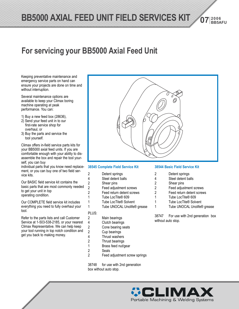 Climax BB5000 Axial Unit Field Services Kit User Manual | 2 pages