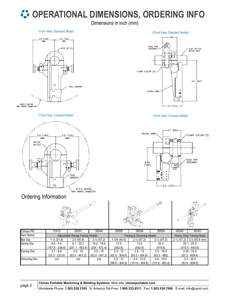 Operational dimensions, ordering info, Ordering information, Dimensions in inch (mm) | Climax BB5000 Facing & Grooving Head User Manual | Page 2 / 4