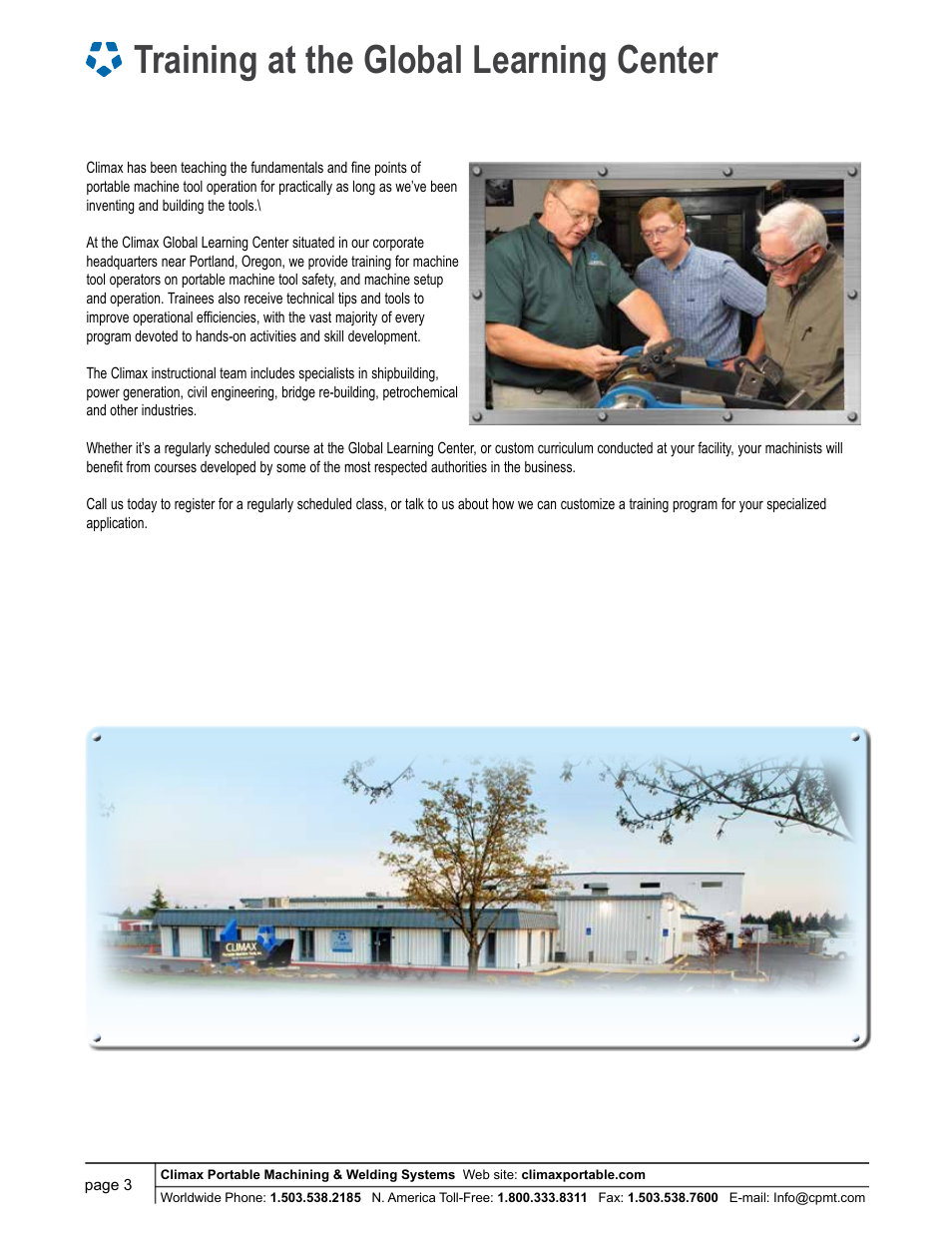 Training at the global learning center | Climax BB5000 Facing & Grooving Head User Manual | Page 3 / 4