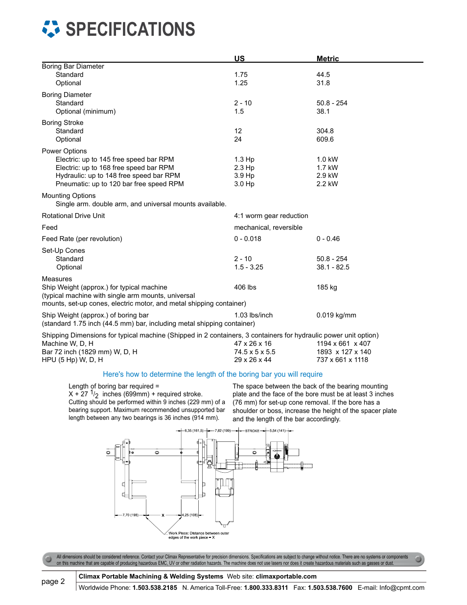 Specifications | Climax BB4500 LINE BORING MACHINE User Manual | Page 2 / 12