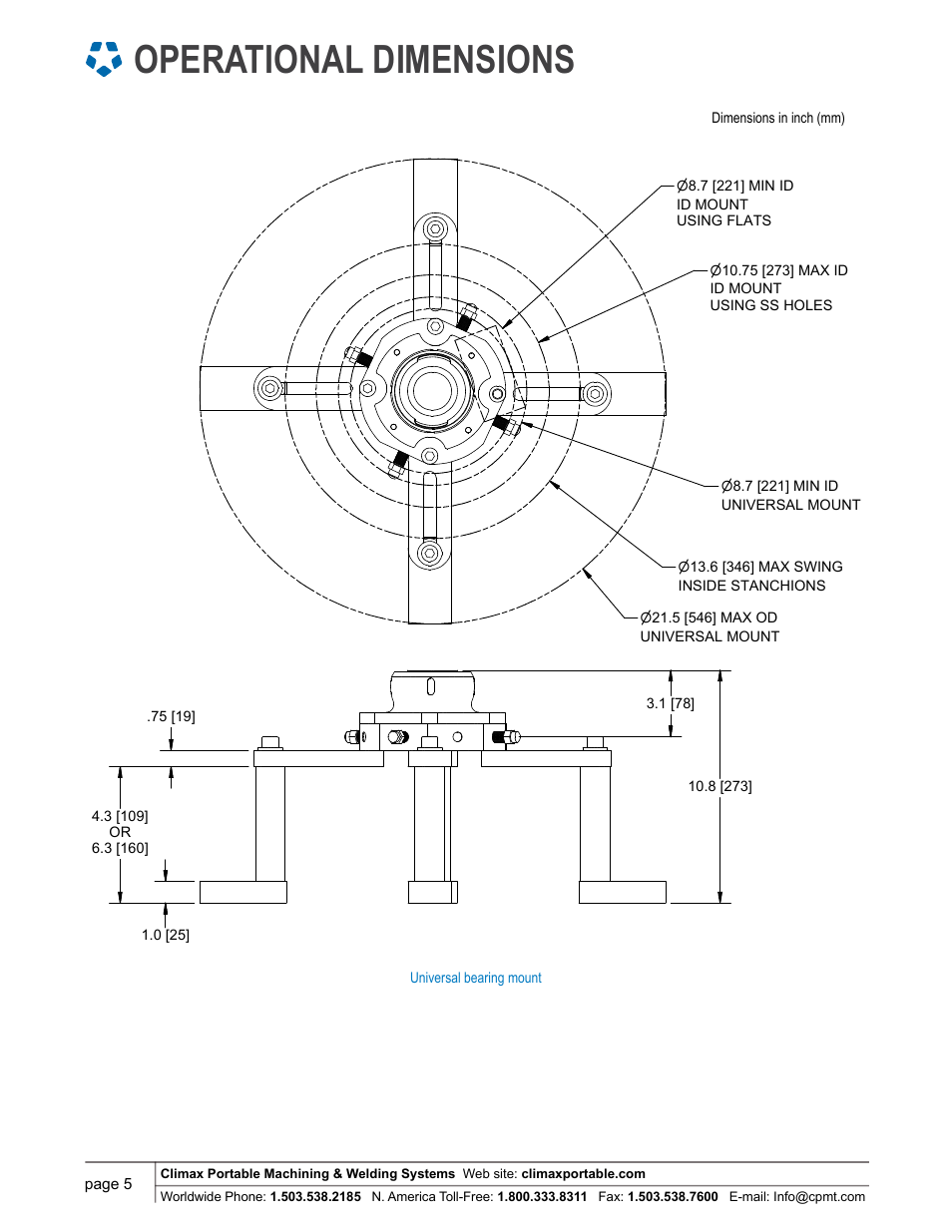 Operational dimensions, Universal mount bb4500, Climax | Climax BB4500 LINE BORING MACHINE User Manual | Page 5 / 12