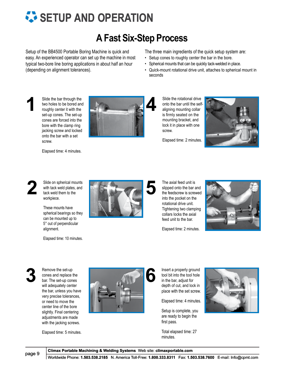 Setup and operation, A fast six-step process | Climax BB4500 LINE BORING MACHINE User Manual | Page 9 / 12