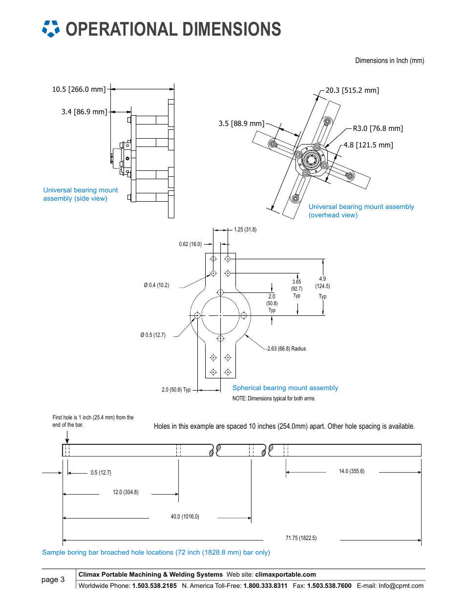 Operational dimensions | Climax BB3000 LINE BORING MACHINE User Manual | Page 3 / 10