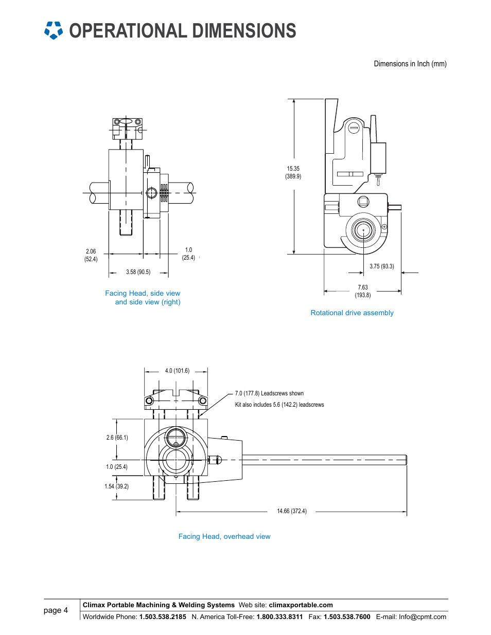 Operational dimensions | Climax BB3000 LINE BORING MACHINE User Manual | Page 4 / 10
