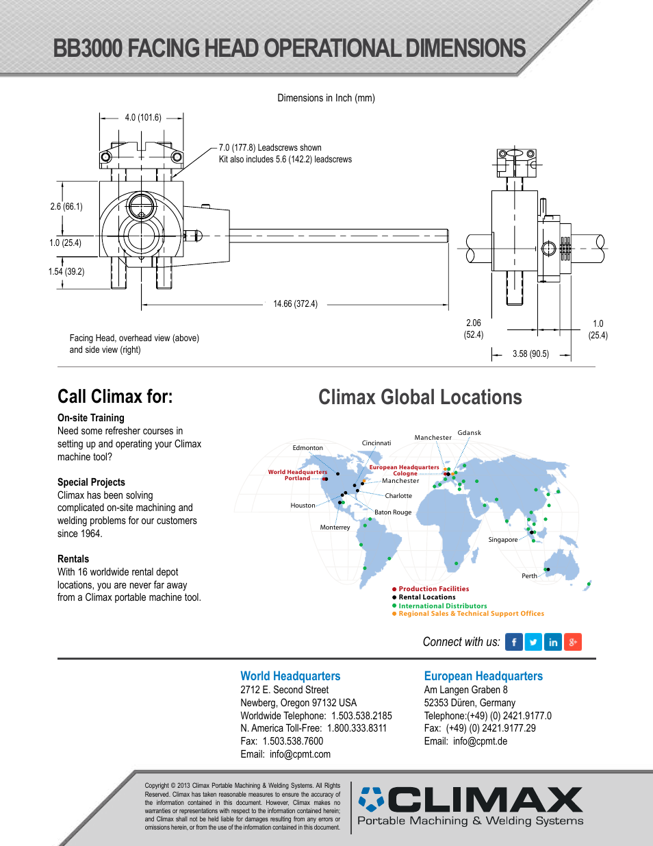 Bb3000 facing head operational dimensions, Climax global locations, Call climax for | World headquarters, European headquarters, Connect with us | Climax BB3000 Facing Head Accessory User Manual | Page 2 / 2
