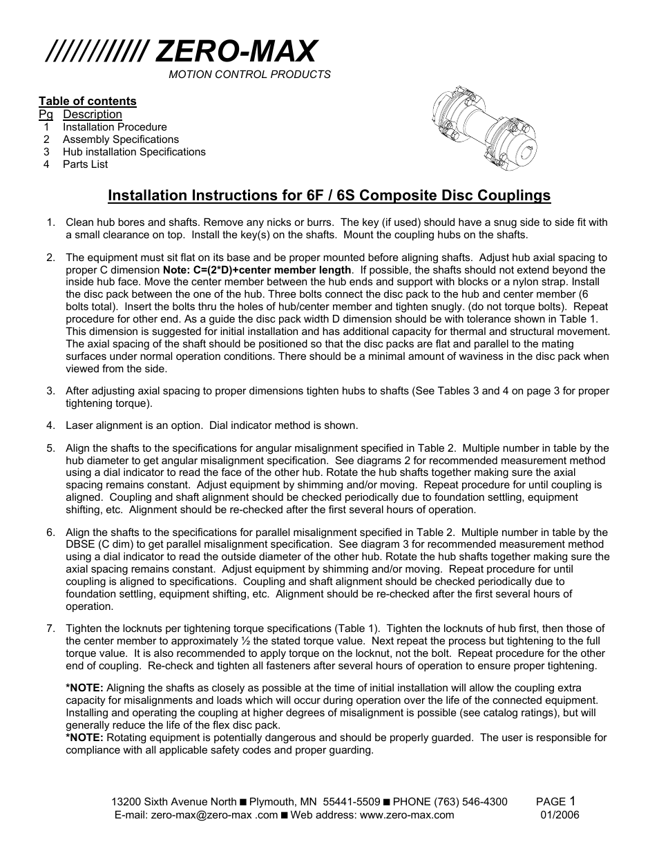 Zero-Max 6F/6S Composite Disc Couplings User Manual | 4 pages