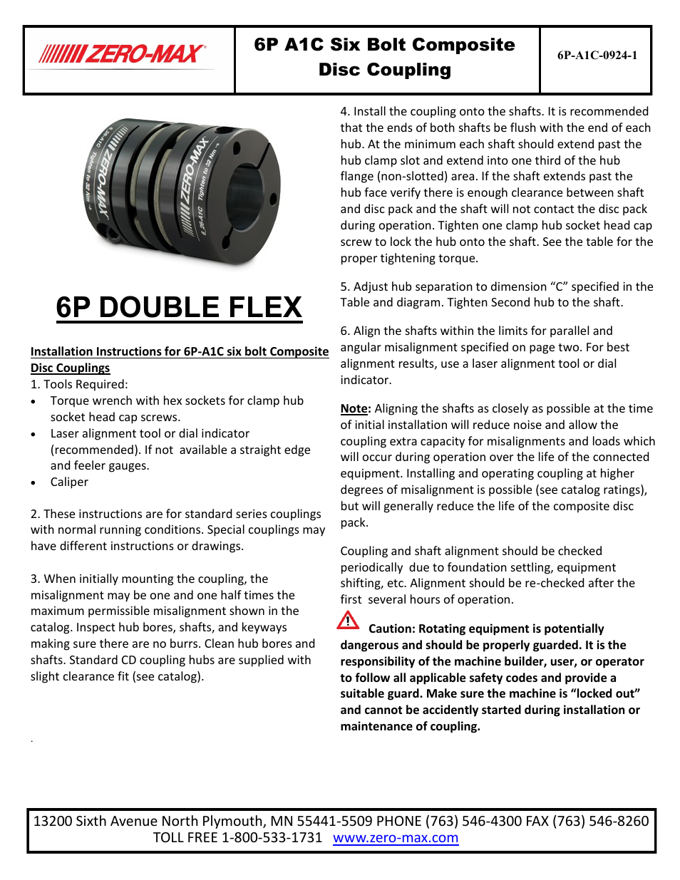 Zero-Max 6P A1C Six Bolt Composite Disc Coupling User Manual | 2 pages