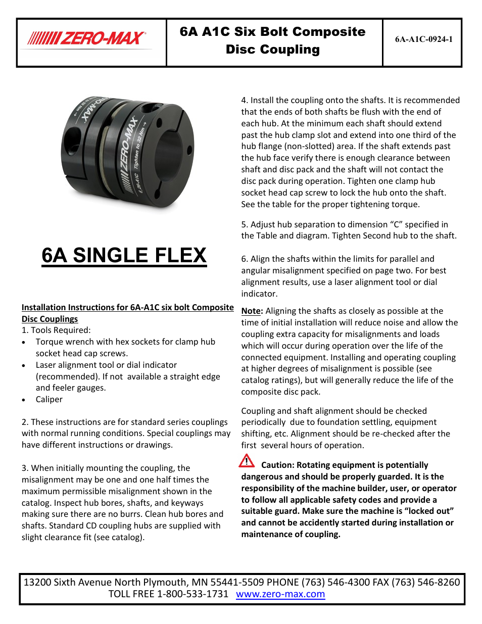 Zero-Max 6A A1C Six Bolt Composite Disc Coupling User Manual | 2 pages