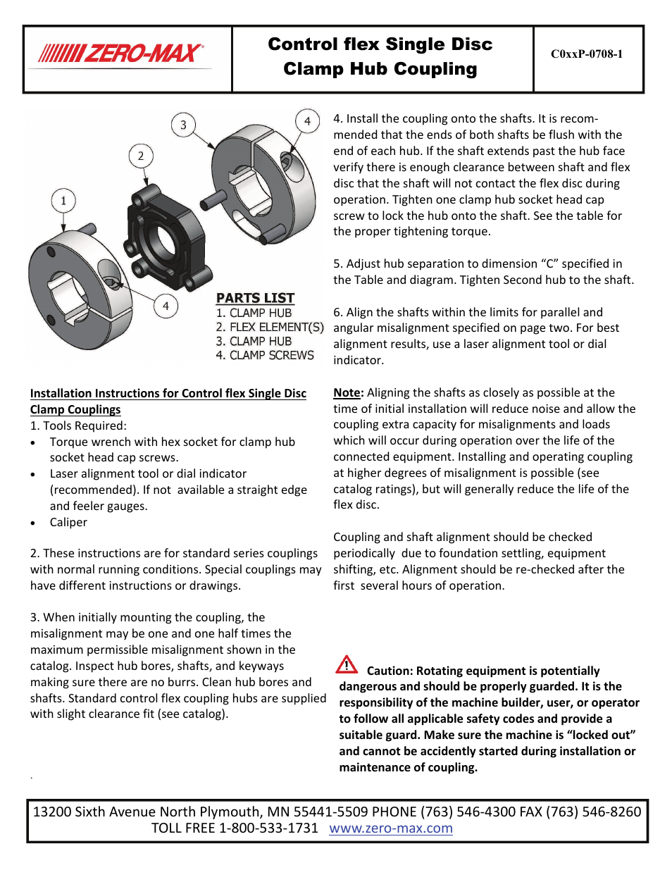 Zero-Max Control flex Single Disc Clamp Hub Coupling User Manual | 2 pages