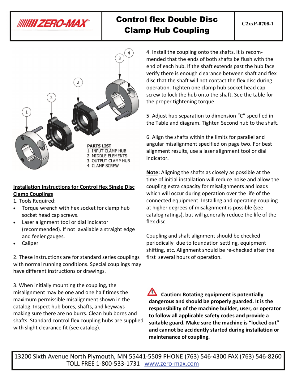 Zero-Max Control flex Double Disc Clamp Hub Coupling User Manual | 2 pages