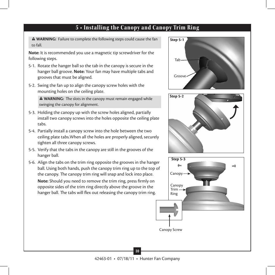 5 • installing the canopy and canopy trim ring, 5 • installing the canopy and canopy trim, Ring | Hunter 28786 54 Crown Park User Manual | Page 10 / 15