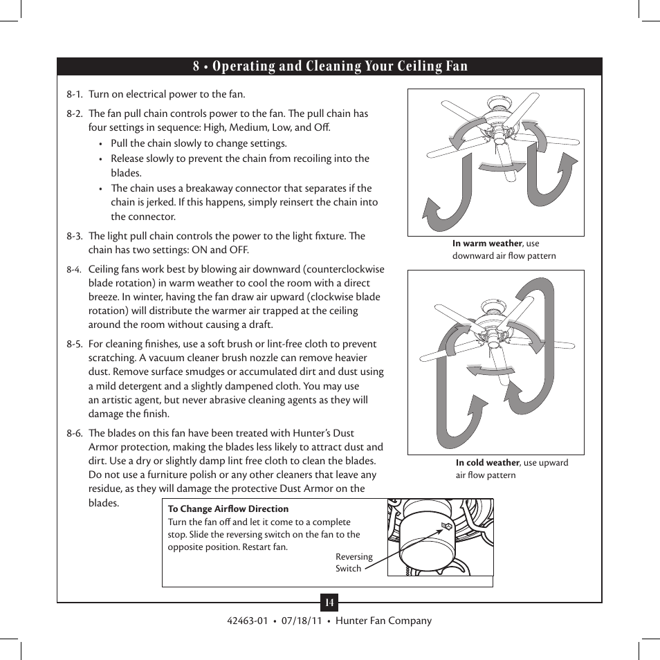8 • operating and cleaning your ceiling fan, 8 • operating and cleaning your ceiling | Hunter 28786 54 Crown Park User Manual | Page 14 / 15