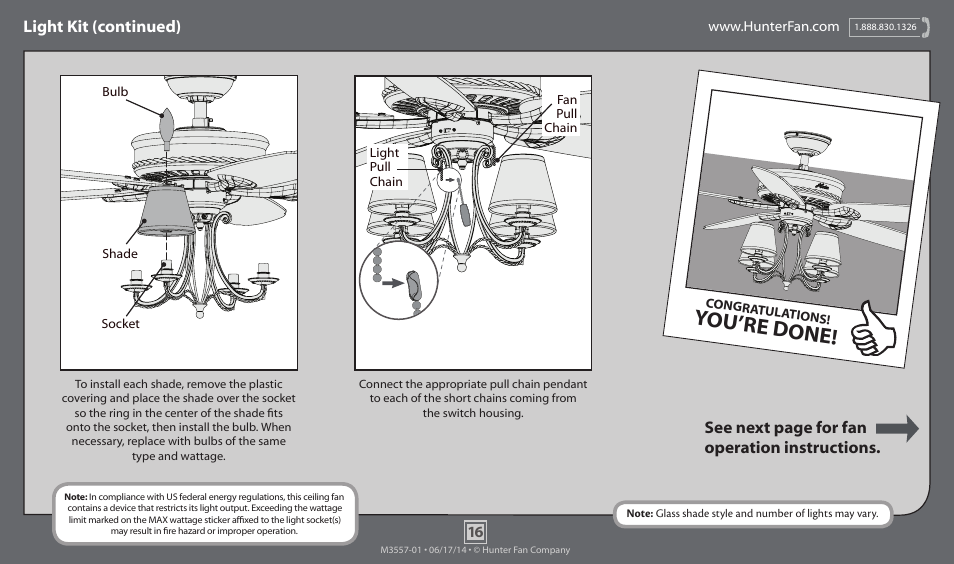 You’re done, Light kit (continued), See next page for fan operation instructions | Hunter 53095 54 Cortland User Manual | Page 16 / 18