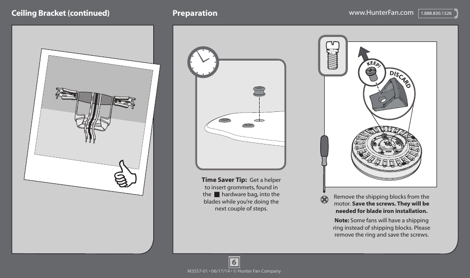 Ceiling bracket (continued) preparation | Hunter 53095 54 Cortland User Manual | Page 6 / 18