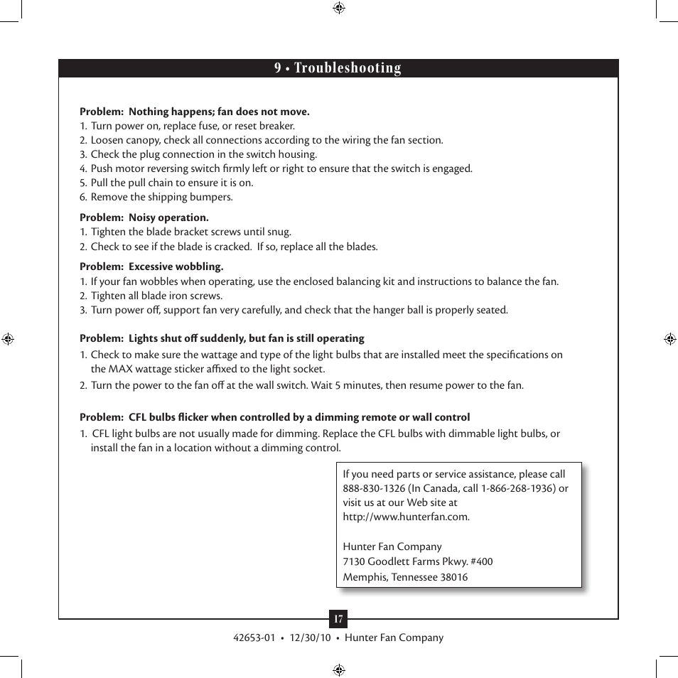 9 • troubleshooting | Hunter 28787 54 Claymore User Manual | Page 17 / 17