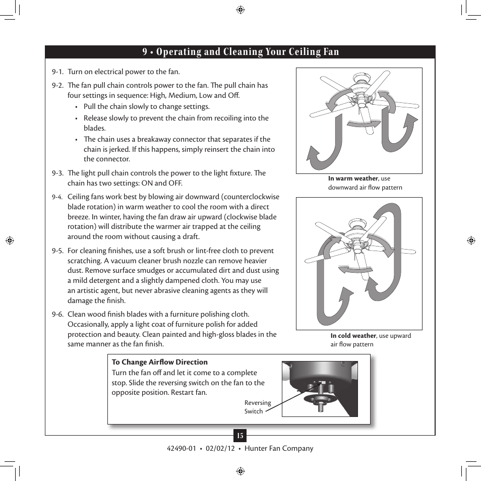 9 • operating and cleaning your ceiling fan | Hunter 28795 54 Barrington User Manual | Page 15 / 16