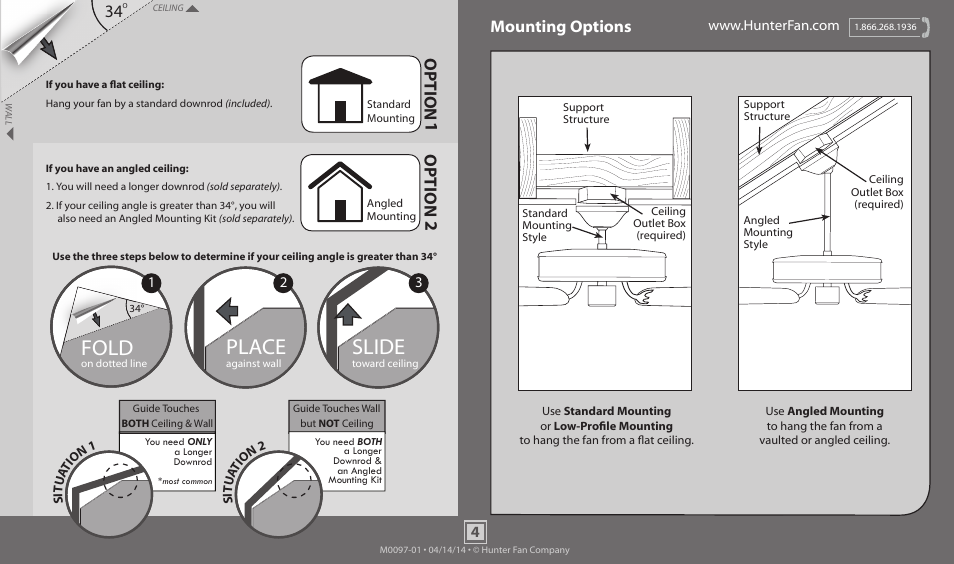 Slide, Place, Fold | Option 1, Option 2, Mounting options | Hunter 53265 54 Anfield User Manual | Page 4 / 17