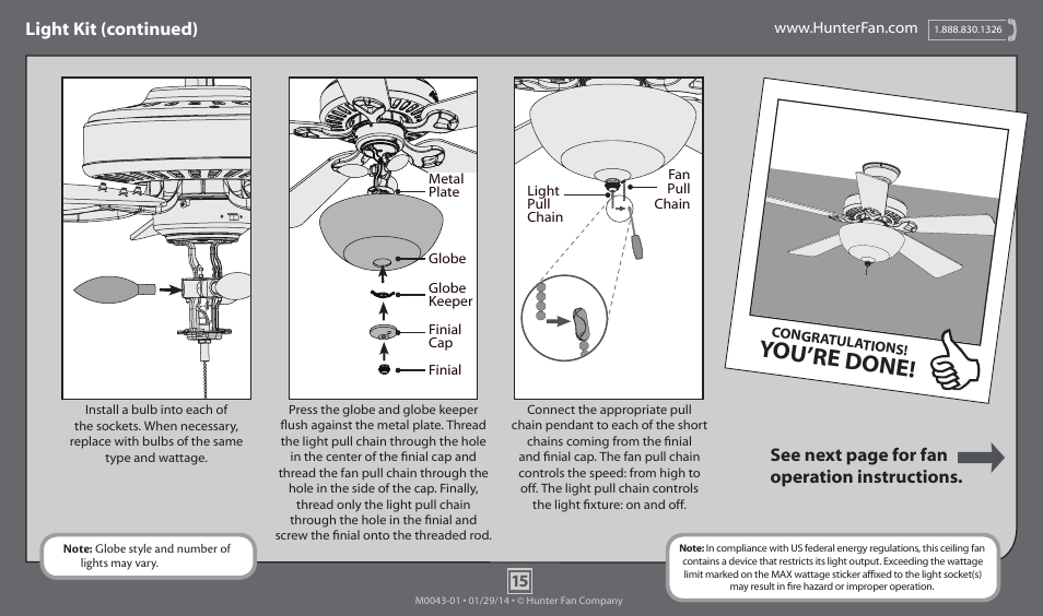 You’re done, Light kit (continued), See next page for fan operation instructions | Hunter 52089 34 Watson User Manual | Page 15 / 17