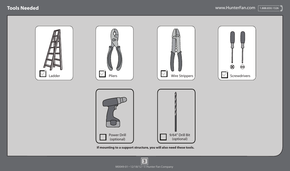 Tools needed | Hunter 54072 56 Greenwich User Manual | Page 3 / 16