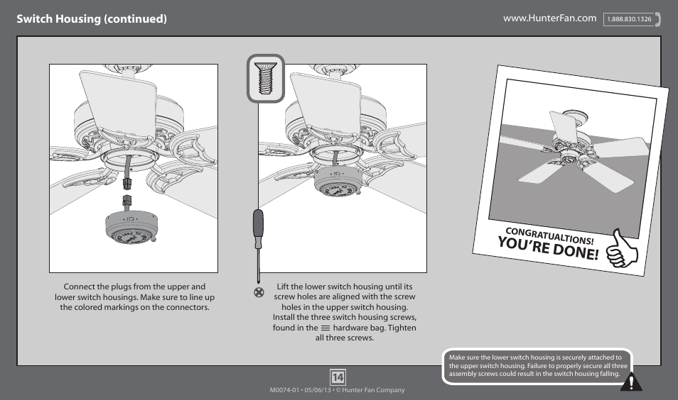 You’re done, Switch housing (continued) | Hunter 54018 60 Royal Oak User Manual | Page 14 / 17