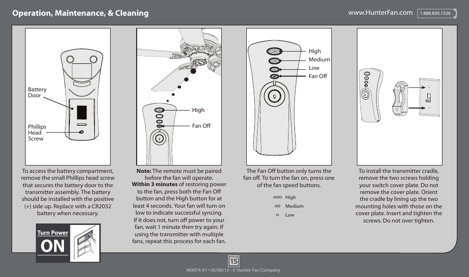 Operation, maintenance, & cleaning | Hunter 54018 60 Royal Oak User Manual | Page 15 / 17