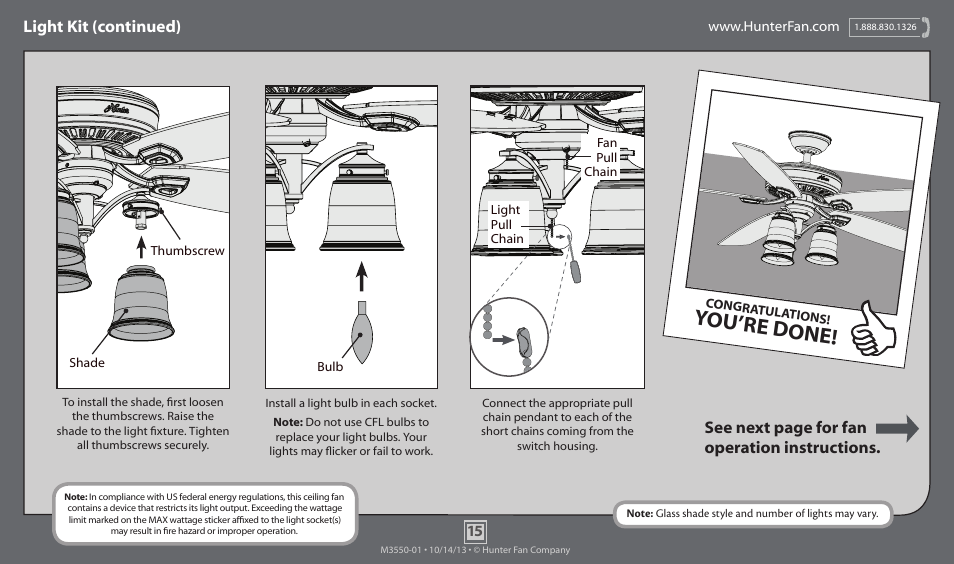 You’re done, Light kit (continued), See next page for fan operation instructions | Hunter 54156 60 Rockledge User Manual | Page 15 / 17