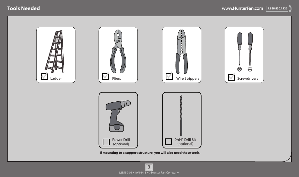 Tools needed | Hunter 54156 60 Rockledge User Manual | Page 3 / 17
