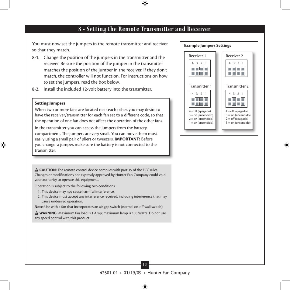 8 • setting the remote transmitter and receiver | Hunter 21215 61 Fellini User Manual | Page 12 / 16