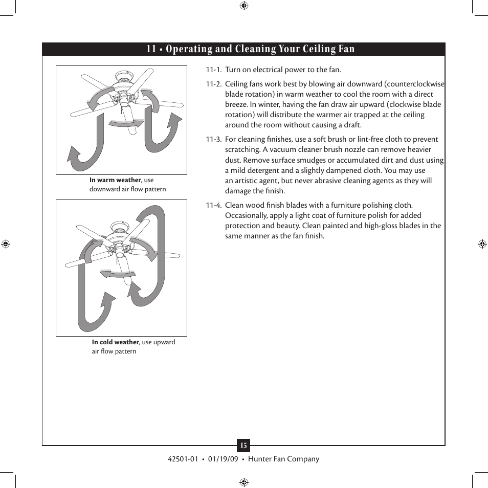 11 • operating and cleaning your ceiling fan | Hunter 21215 61 Fellini User Manual | Page 15 / 16