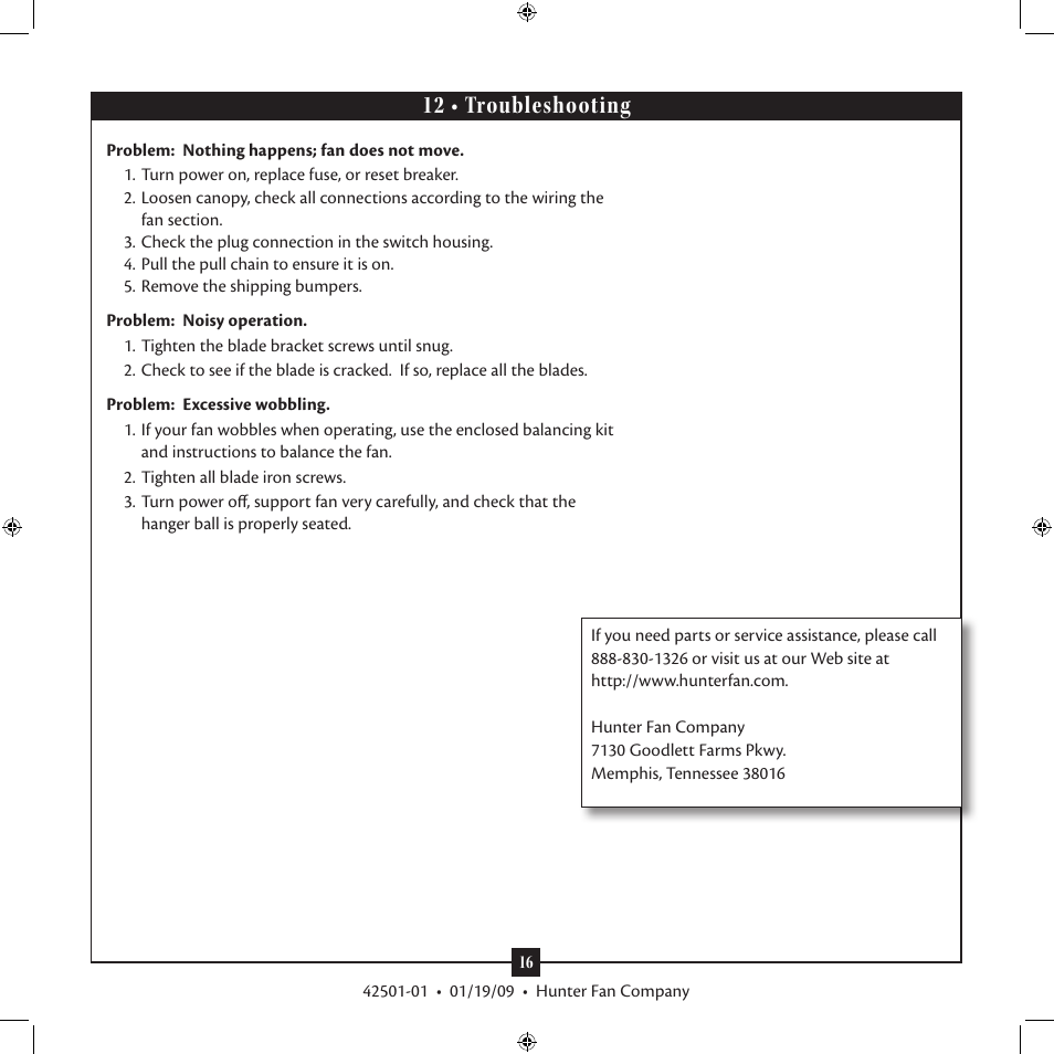 12 • troubleshooting | Hunter 21215 61 Fellini User Manual | Page 16 / 16