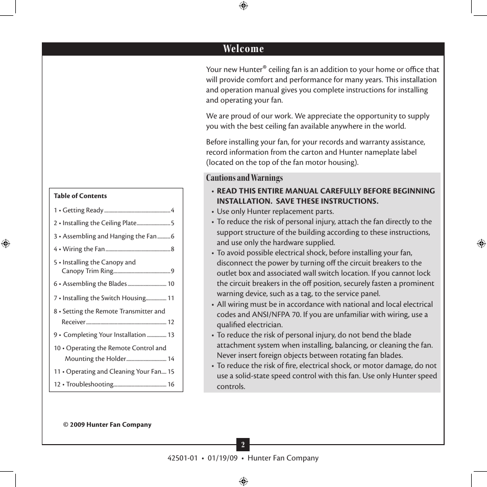 Welcome, Cautions and warnings | Hunter 21215 61 Fellini User Manual | Page 2 / 16