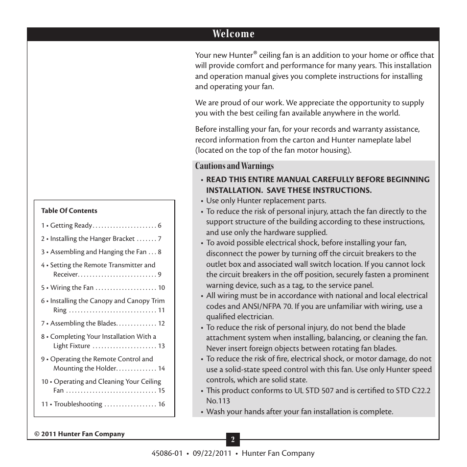 Welcome, Cautions and warnings | Hunter 28789 64 Torrence User Manual | Page 2 / 16