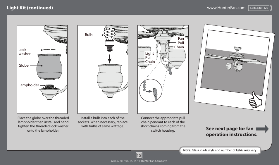 Light kit (continued), See next page for fan operation instructions | Hunter 55045 64 Torrence User Manual | Page 15 / 20