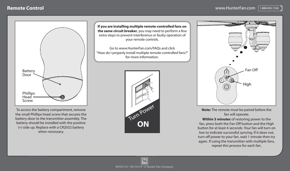 Turn p ow er, Remote control | Hunter 55045 64 Torrence User Manual | Page 16 / 20